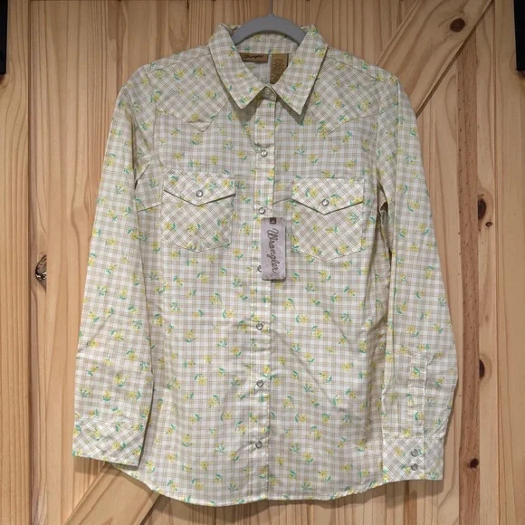 Wrangler Women’s Long Sleeve Button Snap Blouse Yellow Plaid Floral NWT Size S - Picture 2 of 11